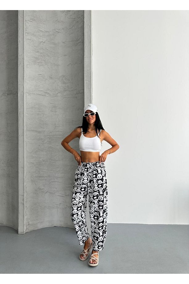 ŞALVAR MODEL YÜKSEK BEL BOL KALIP DESENLİ JOGGET EŞOFMAN PANTOLON - 3