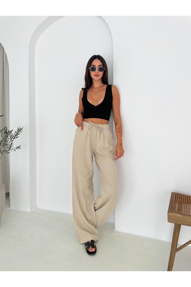 Beige 100% Cotton Lace-Up Wide Leg Linen Trousers