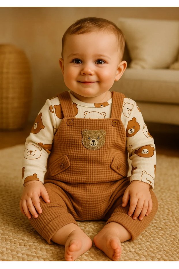 Bear Embroidered Baby Boy Salopet Set of 3 – Bodysuit, Salopet and Socks