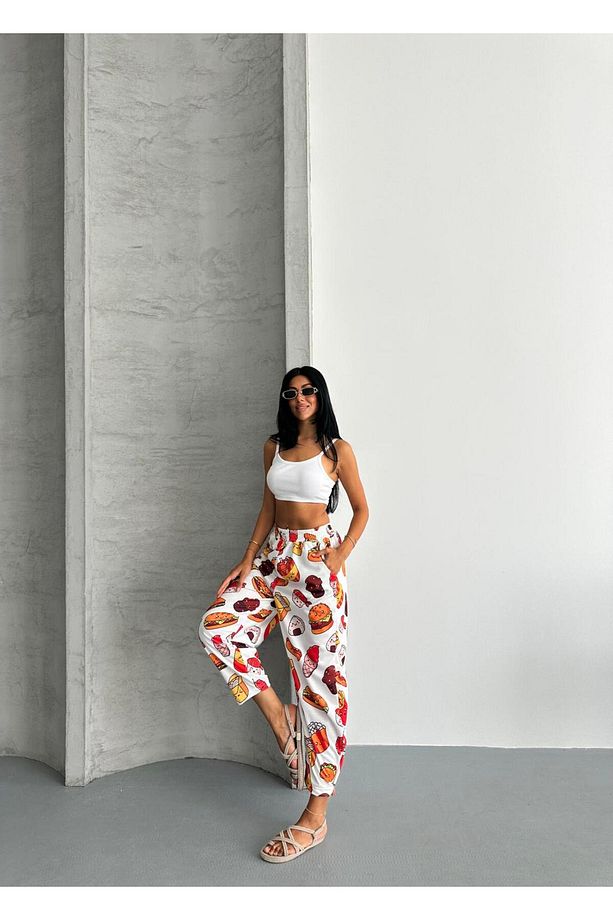 ŞALVAR MODEL YÜKSEK BEL BOL KALIP DESENLİ JOGGET EŞOFMAN PANTOLON - 5