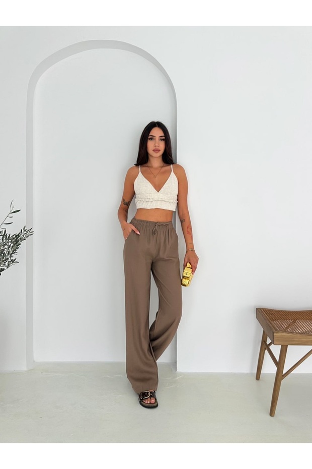 Brown 100% Cotton Lace-Up Wide Leg Linen Trousers
