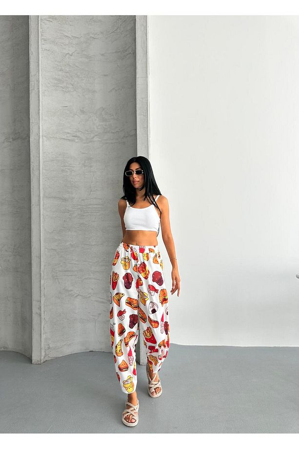 ŞALVAR MODEL YÜKSEK BEL BOL KALIP DESENLİ JOGGET EŞOFMAN PANTOLON - 8