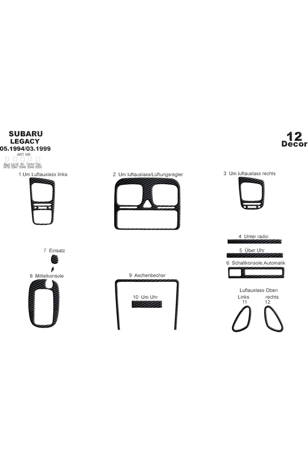 Subaru Legacy Console-Torpedo Trim 1994-1999 12 Pieces