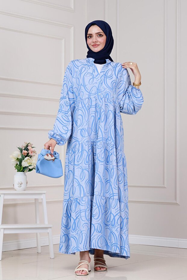 فستان رداء بنمط موجة - أزرق - 1