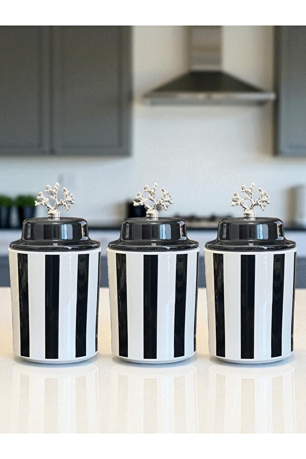 Spice Jar Cylinder Ceramic Lid Large Size Set of 3 Coffee Corner Set Vertical Line 750 ml Volume Silver