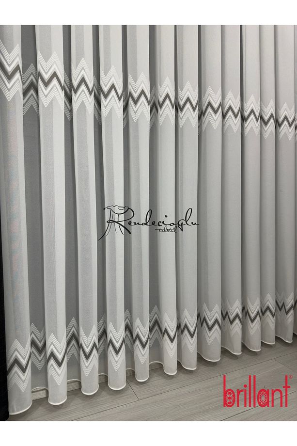 Tül Perde Brillant Marka Lorenzo Gri Şerit Zigzag Desen Lüx Örme Kumaş - 6