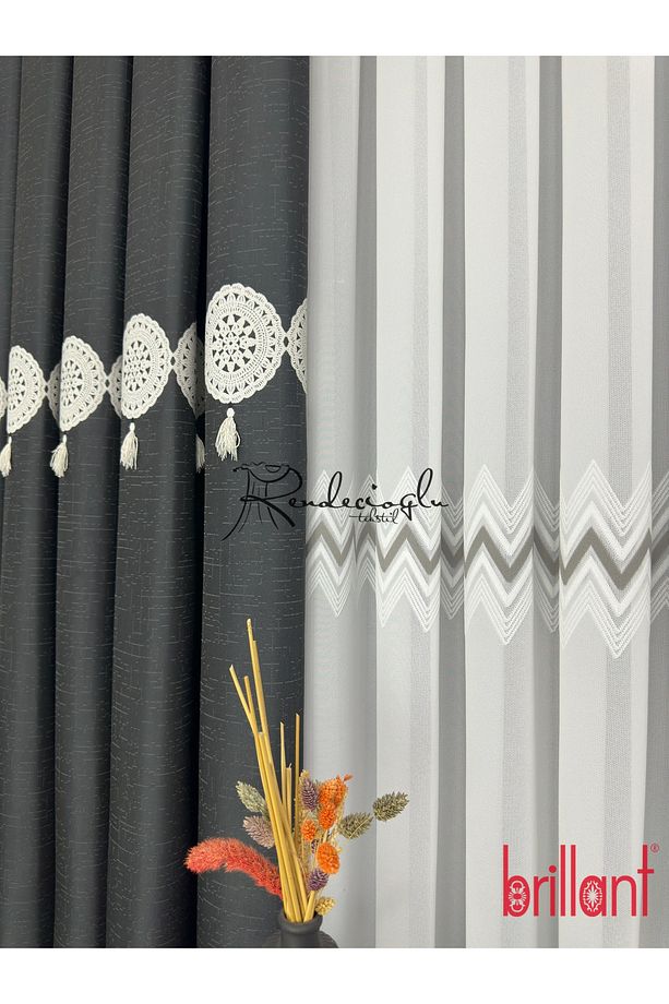 Tül Perde Brillant Marka Lorenzo Gri Şerit Zigzag Desen Lüx Örme Kumaş - 8