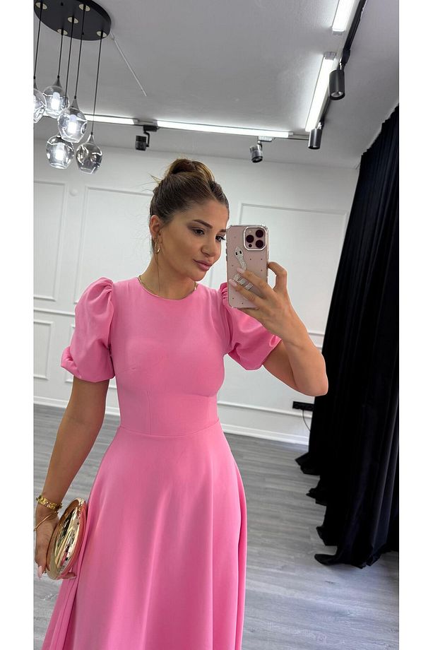 Pembe Bisiklet Yaka Kısa Karpuz Kol Midi Boy Premium Elbise - 2