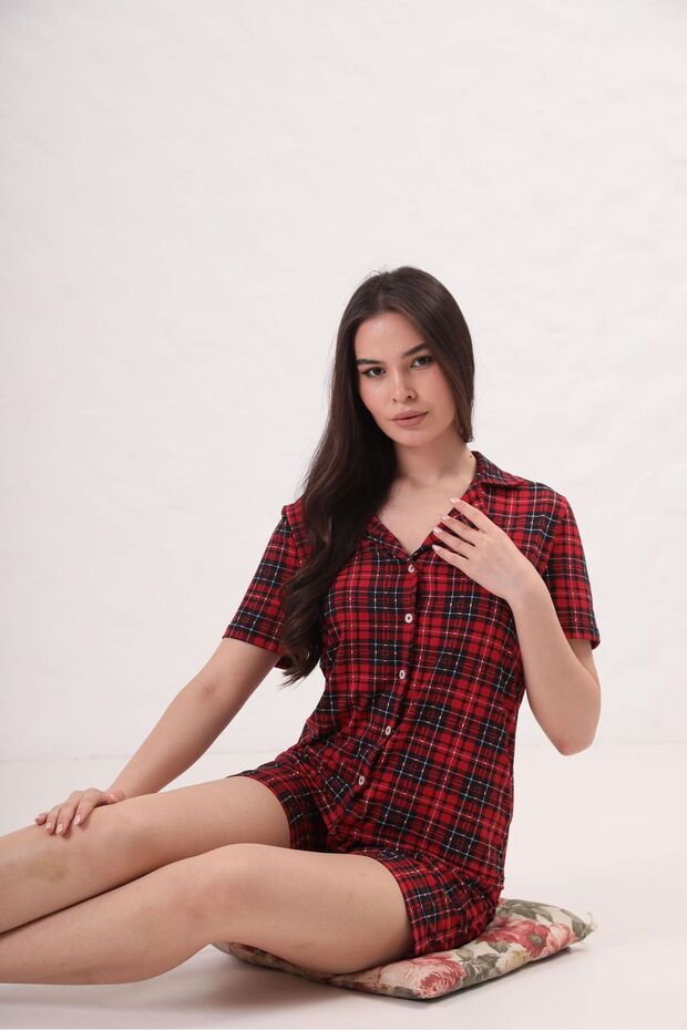 Shirt Collar Buttoned Short Sleeve Shorts Patterned Lycra Loose Milan Fabric Pajama Set