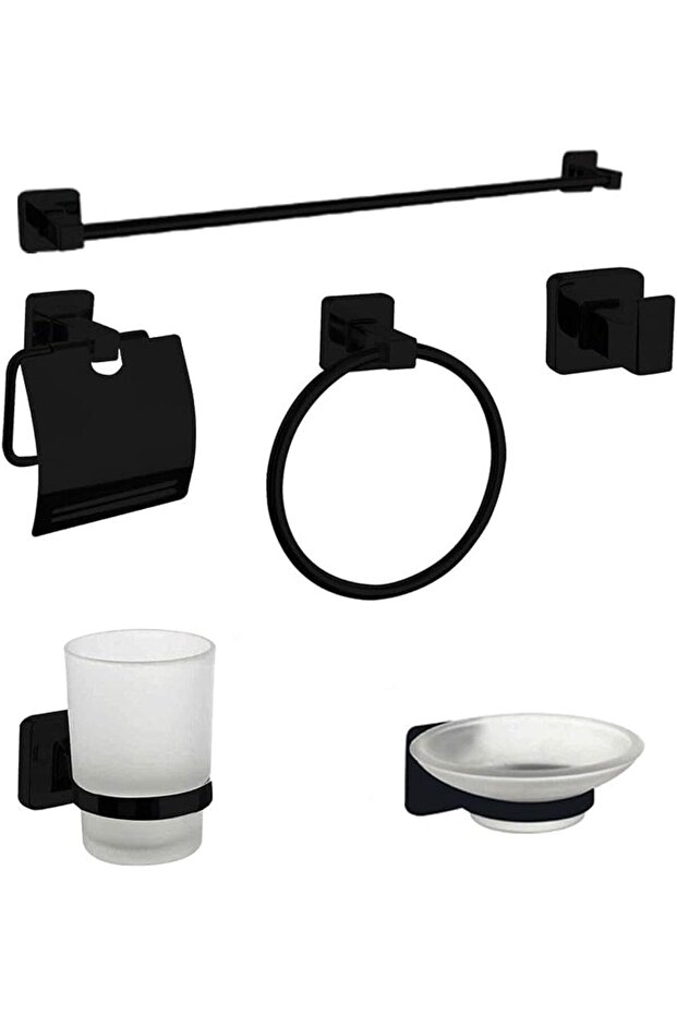 طقم حمام، أسود، 6 قطع، مثبت على الحائط - 1