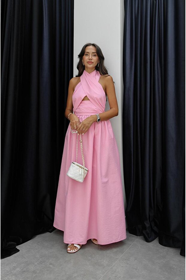 Pink Criss Tie-Detail Halter Dress