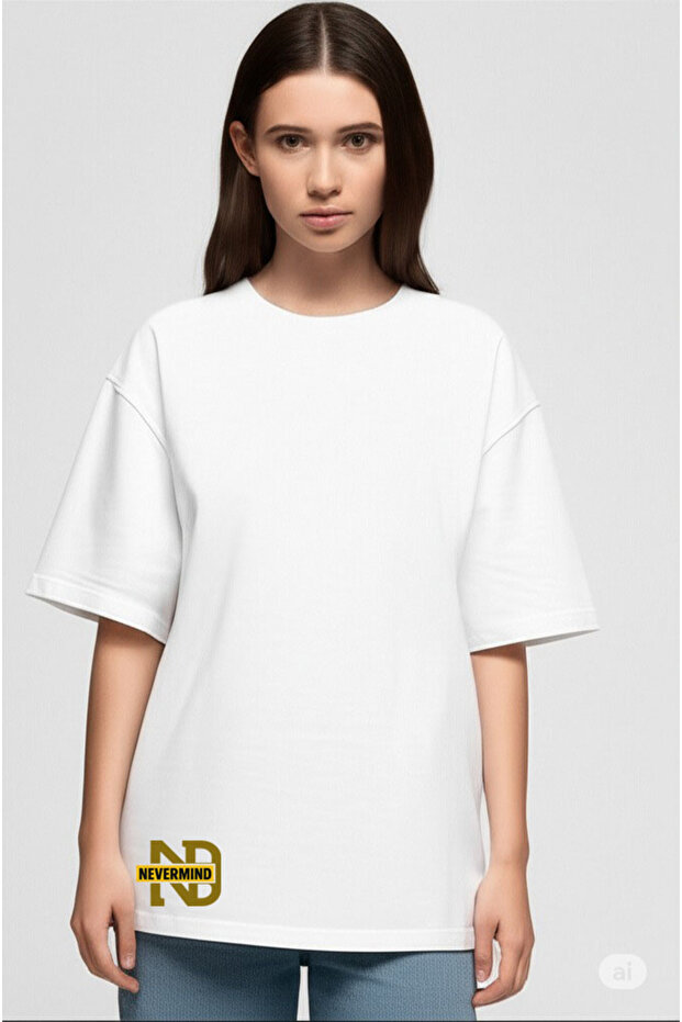 Oversize T-Shirt for Women - Wide Fit T-Shirt with "Nevermind" Print on the Bottom Left, Unisex White