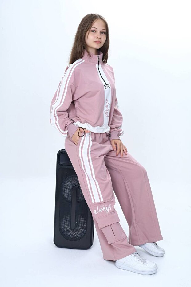 Girl's 2 Thread Half Zipper Garnished Tracksuit Set 100% Cotton Comfortable Fit
