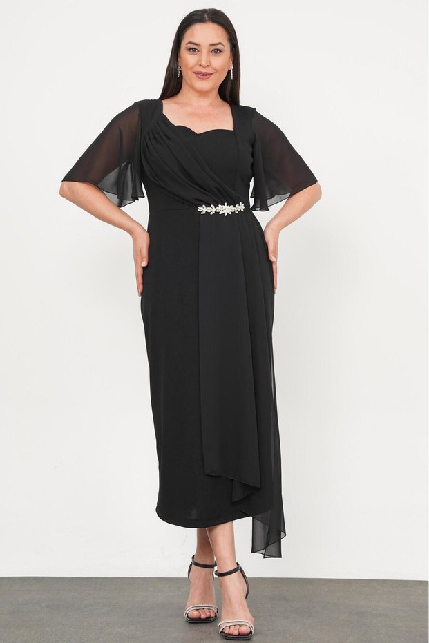Women's Plus Size Heart Collar Chiffon Piece Stone Accessory Detail Pencil Stretchy Woven Evening Dress