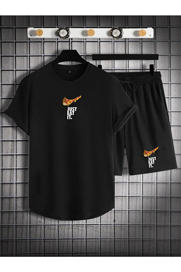 Men's Black 2-Piece Oval Suit T-Shirt & Shorts Combed Cotton Fabric Justeat Print