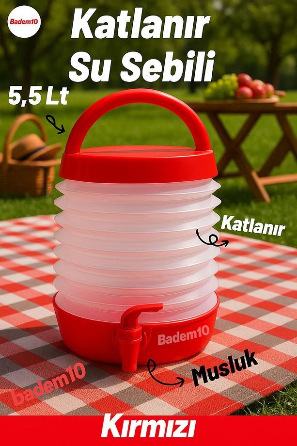 Su Sebili Katlanabilir Termos Çeşmeli Körüklü 5.5 Litre Piknik Kamp Su Ayran Meşrubat İçecek Bidonu - 1