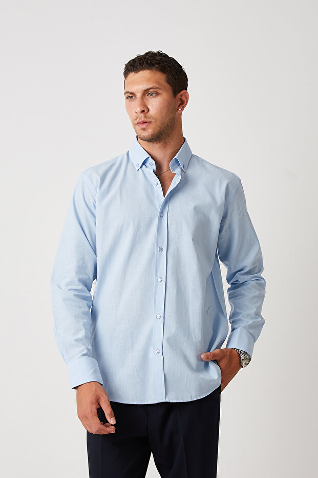 Light Blue Men's Linen Texture Shirt – 100% Cotton, Long Sleeve, Regular Fit, Stand Collar