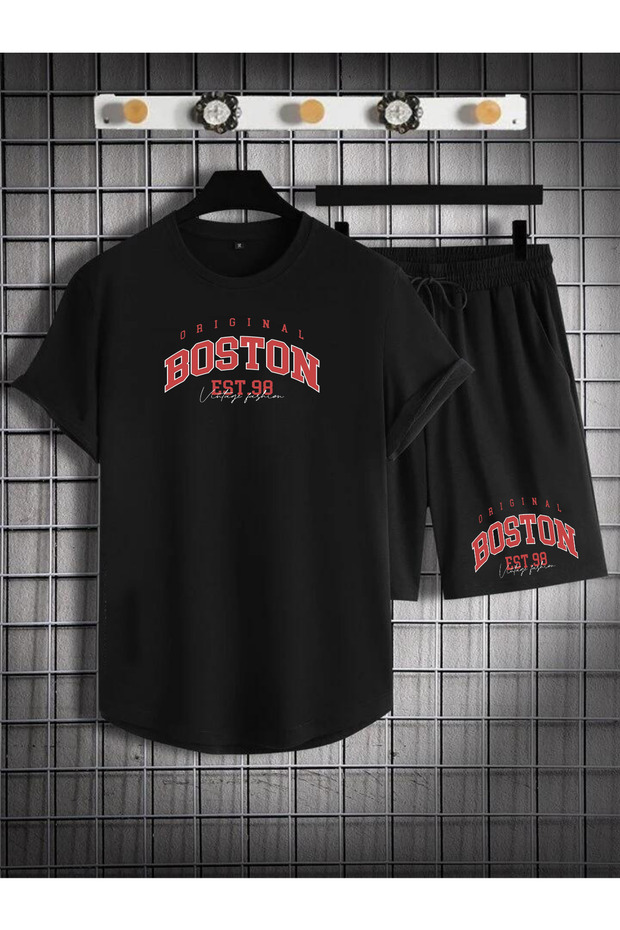 Men's Black 2-Piece Oval Suit T-Shirt & Shorts Combed Cotton Fabric Boston Red Print