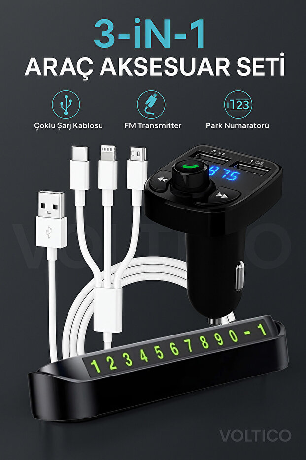 3’ü 1 Arada Araç Aksesuar Seti – Çakmaklık + Çoklu Şarj Kablosu + Numaratör - 1