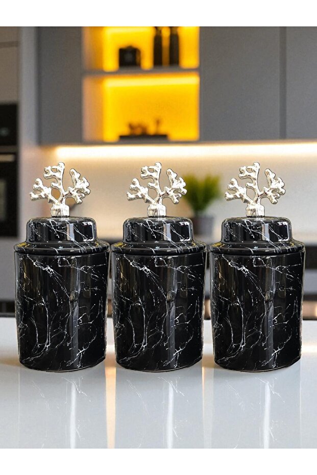Spice Jar Cylinder Ceramic Lid Large Size Set of 3 Coffee Corner Black Silver Marble 750 ml Silver