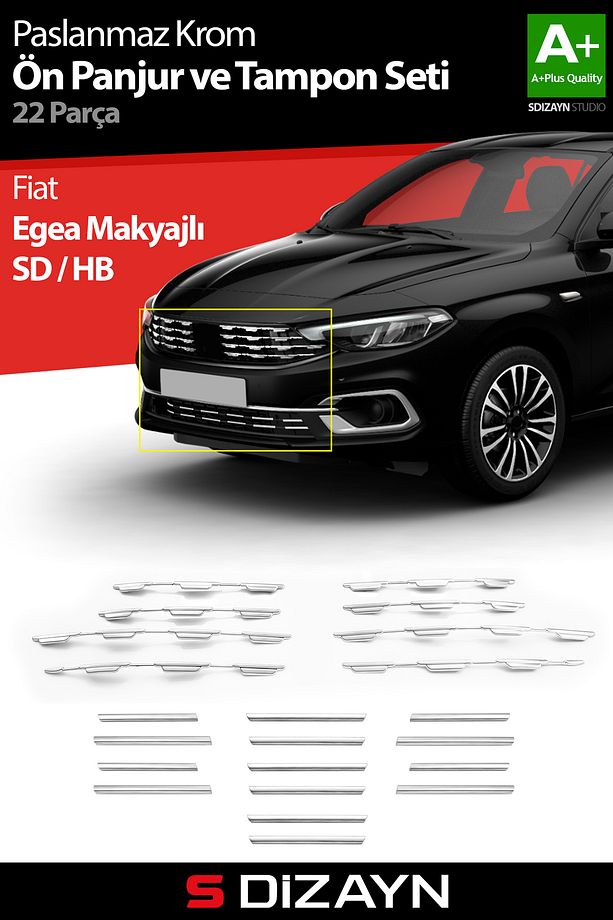S-Dizayn Fiat Egea Krom Ön Panjur ve Tampon Çıta Seti Diamond Model 22 Prç. 2020 Üzeri (Parlak Krom) - 1