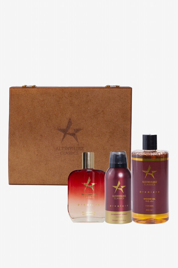 Altınyıldız Classics Erkek Premiere EDP Kalıcı Koku Parfüm-Deodorant-Duş Jeli Ahşap Kutulu Set (100 ML150 ML 400 ML)