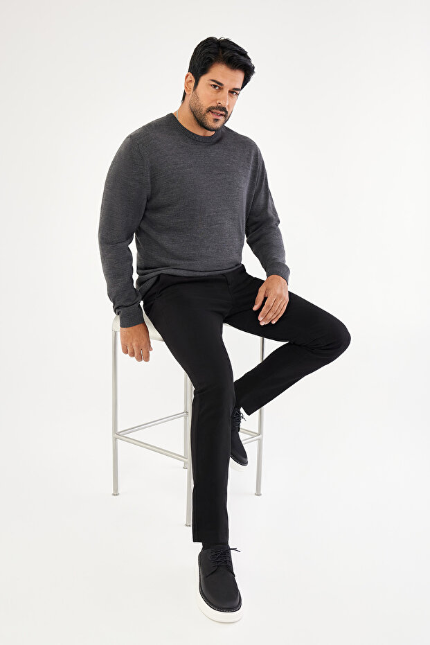 Erkek Antrasit-melanj Standart Fit Normal Kesim Bisiklet Yaka Triko Kazak - 2