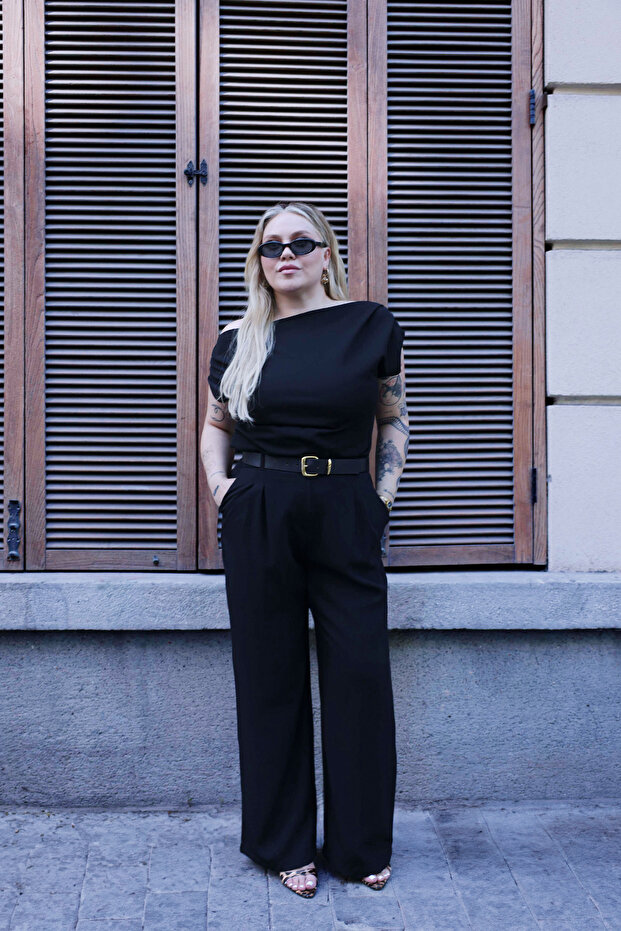 Černé dvojité plisované tkané kalhoty s vysokým pasem a širokými nohavicemi TBBSS25AR00021 - 2