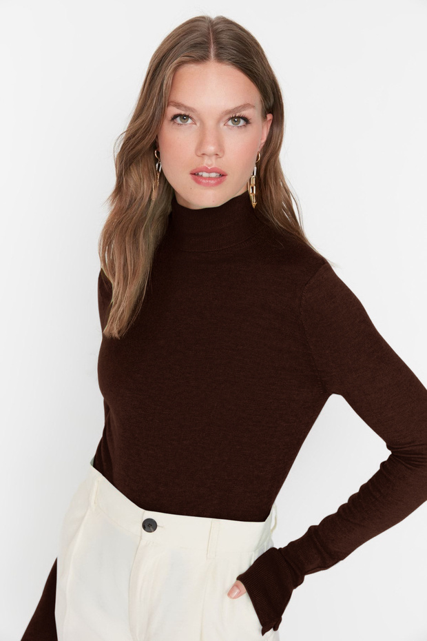 Brauner Mercerized-Look Premium-Garn / Spezialgarn Basic-Strickpullover TWOAW23KZ01514 - 2