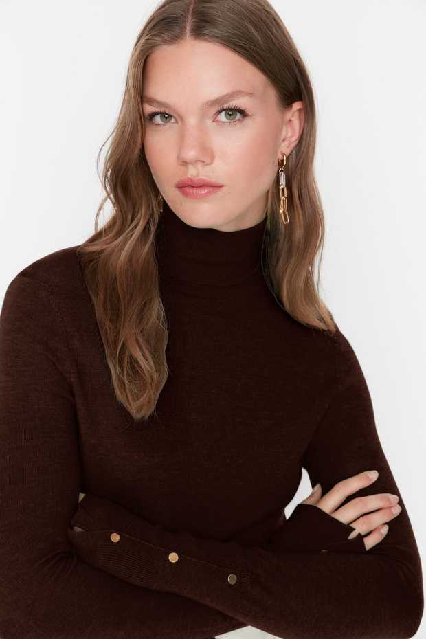 Brauner Mercerized-Look Premium-Garn / Spezialgarn Basic-Strickpullover TWOAW23KZ01514 - 3