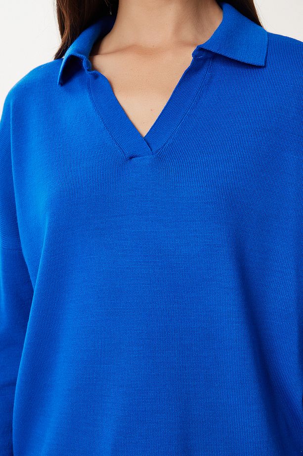 Kadın Mavi Polo Yaka Basic Kazak bv00094 - 4
