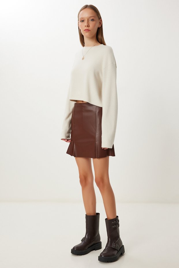 Women's Brown Slit Mini Faux Leather Shorts Skirt Gp00029