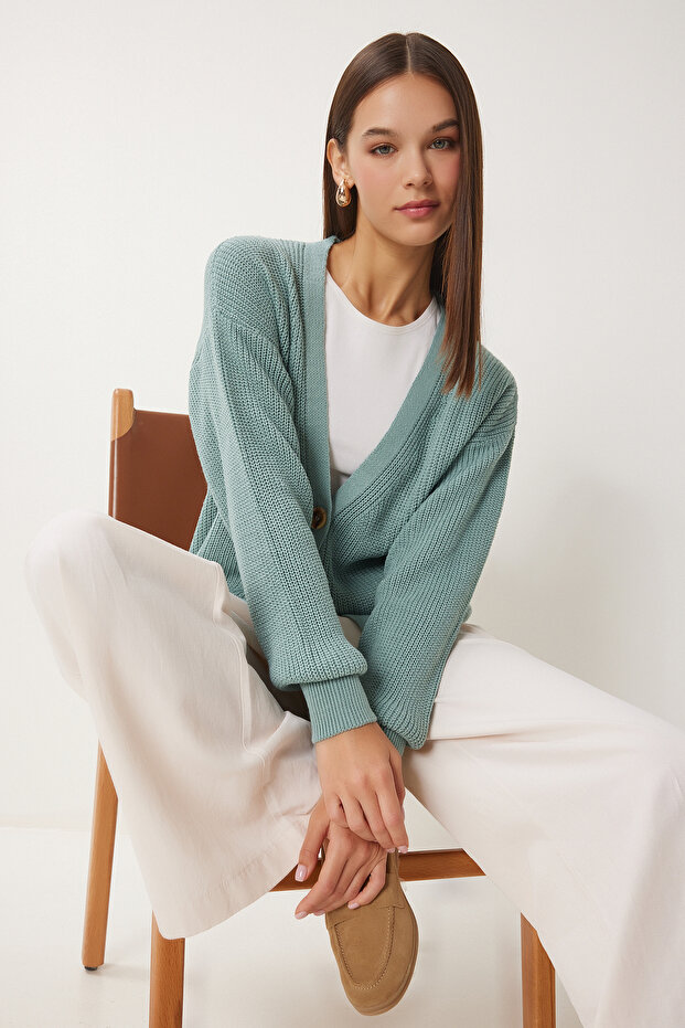 Damski zielony sweterek z dekoltem w kształcie litery V, zapinany na guziki ZA00025 - 2