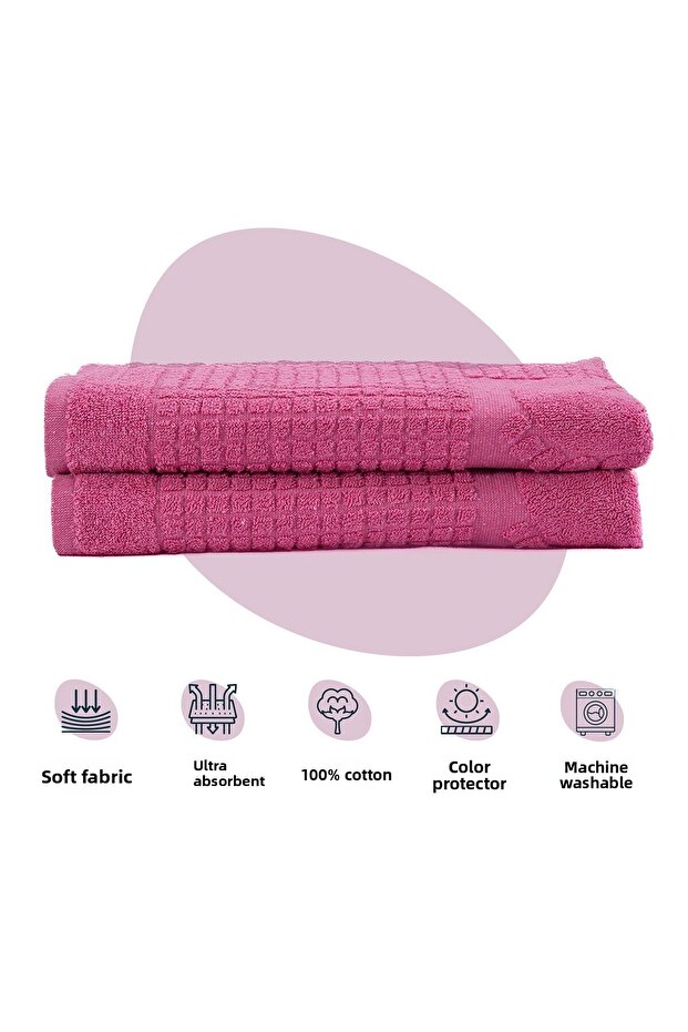 Bathroom Checkered Foot Patterned Cotton Foot Towel 50X70Cm Pink Set of 2