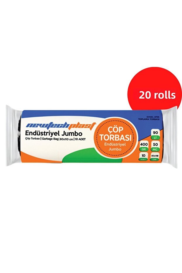 Industrial Jumbo Size Garbage Bag, Black, 80 X 110 Cm., 400 Gr., 20 Rolls