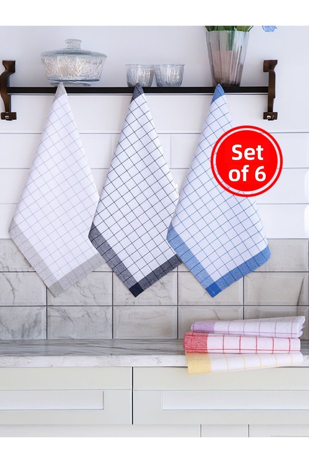Kuşak Checkered 6-Piece Kitchen Drying Cloth, Food Cover, American Service, Colorful Set of Towels 45X70Cm