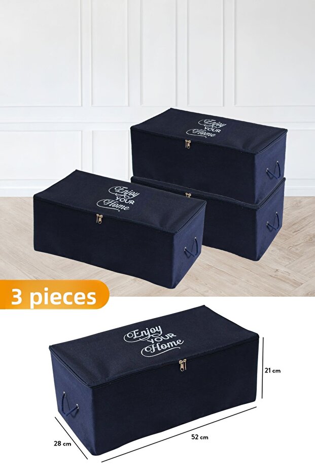3 Pieces - Small Size Navy Blue Saddlebag with Print Detail 52 X 28 X 21 Cm