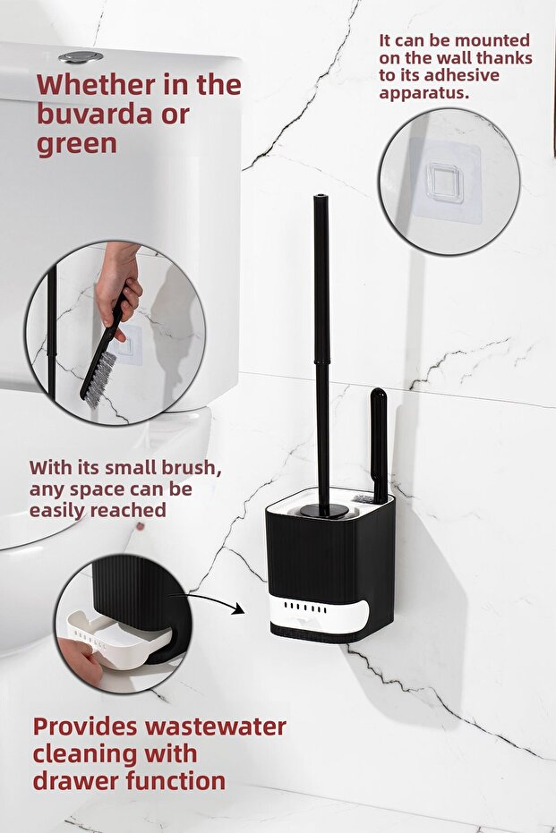 2038 Waterproof Adhesive Bathroom Sink Wc Cleaning Brush - 2-Piece Toilet Brush-Black-White