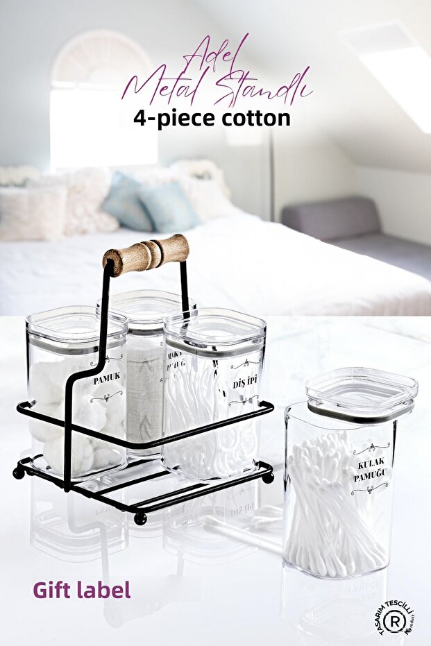 4-Piece Acrylic Ear Cotton with Metal Stand - Cotton & Makeup Cotton & Floss Organizer - With Label Gift