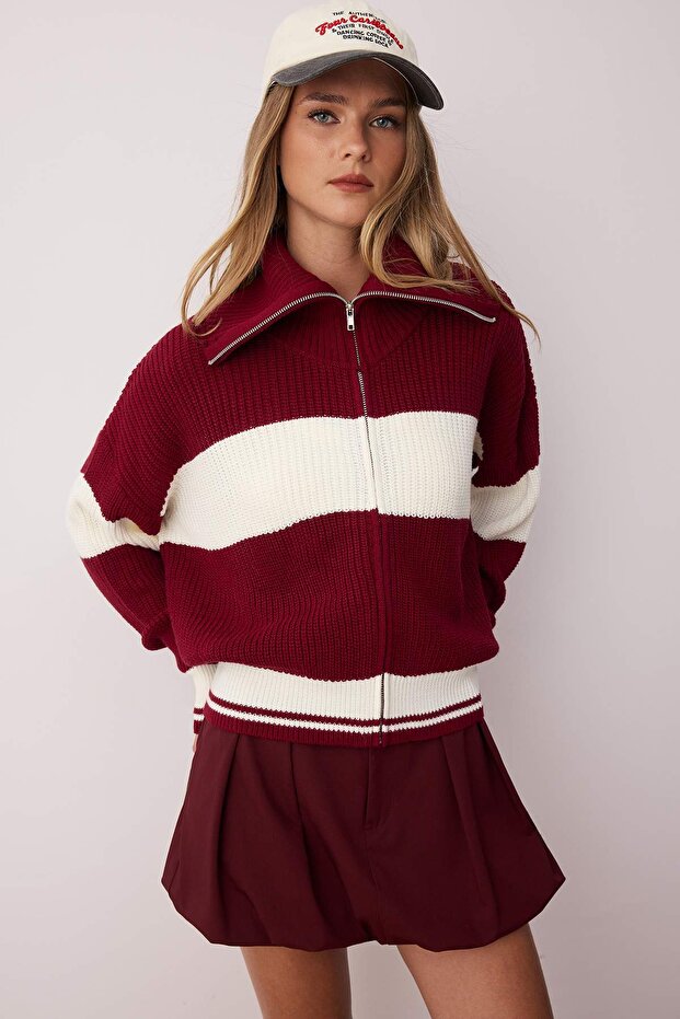 Bordo*001 Geniş Kalıp Çizgili Devrik Yaka Fermuarlı Triko Hırka TWOAW24HI00072 - 1