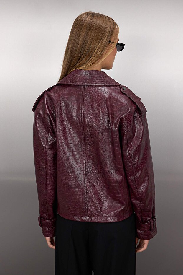 Bordo Regular Kalıp Suni Deri Biker İnce Ceket Mont TWOAW26MO00003 - 4