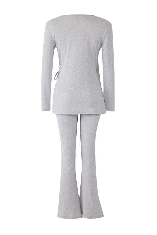 Gri Melanj Bağlama Detaylı Kruvaze Fitilli Kimono Örme Pijama Takımı THMAW26PT00003 - 6