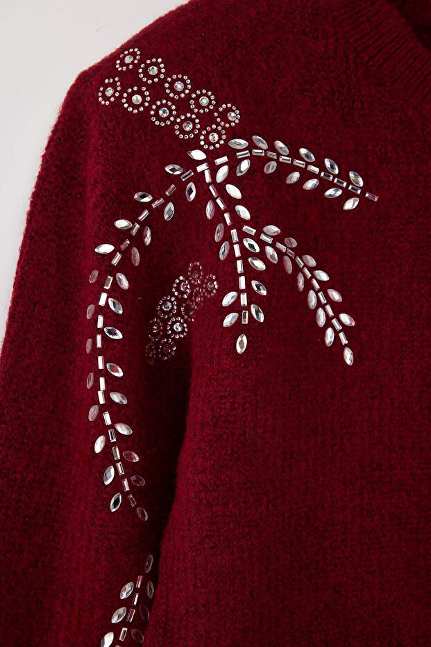 Bordo Yumuşak Dokulu Taş İşlemeli Triko Hırka TWOAW26HI00063 - 6