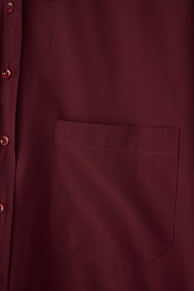 Koyu Bordo Loose Fit Pamuklu Uzun Kol Büyük Beden Dokuma Gömlek TBBSS22GO0323 - 6