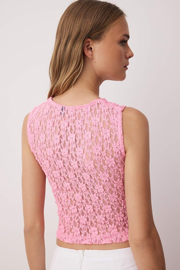 Pembe Fitted/Vücuda Oturan Dantel Örme Bluz TWOSS25BZ00590 - 4