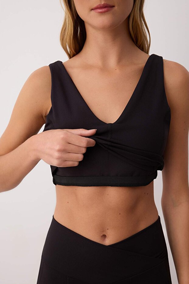 Siyah Soft Fırçalı Kumaş Destekli/Şekillendirici Askılı 2 Katlı Örme Spor Sütyeni THMAW26SS00003 - 4