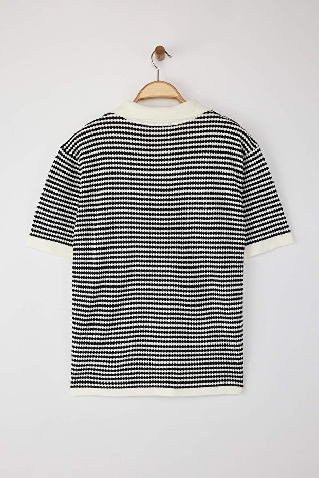Siyah-Krem Polo Yaka Çizgili Mevsimlik Triko Bluz TBBSS25AF00115 - 7