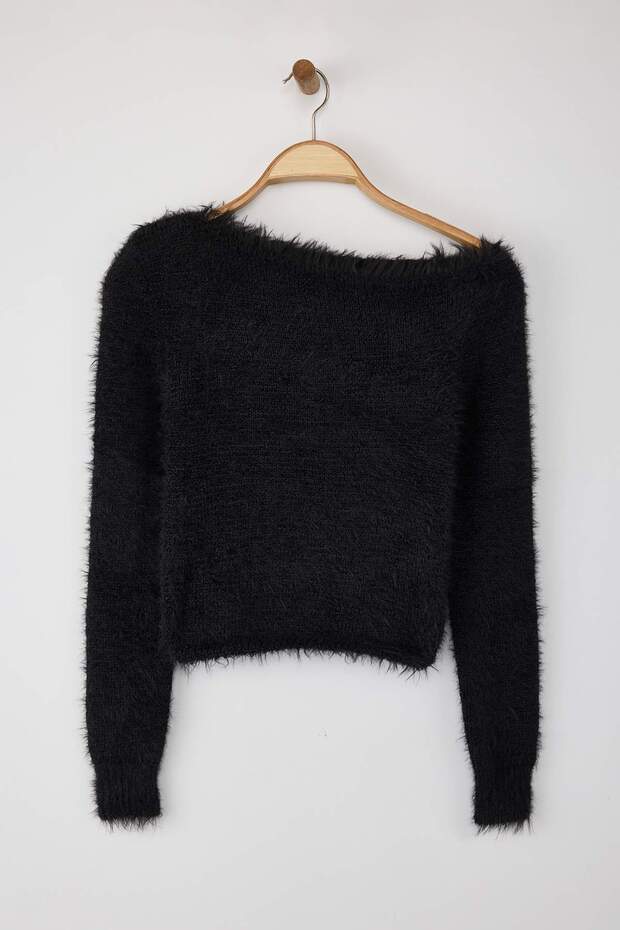 Siyah Crop/Kısa Tüylü/Sakal İplikli Triko Kazak TWOAW26KZ00094 - 5