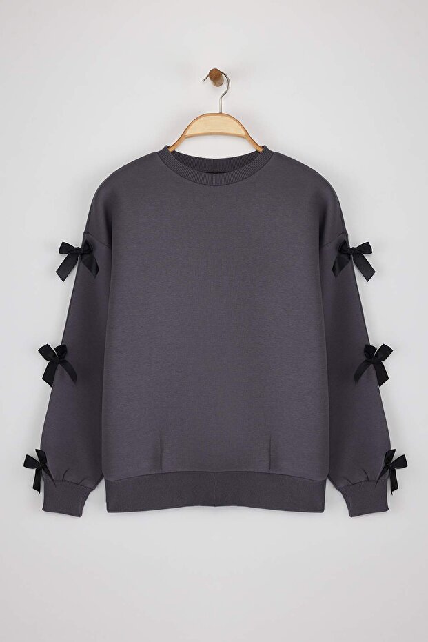Antrasit Fiyonk Detaylı Oversize/Geniş Kalıp Kalın İçi Polarlı Örme Sweatshirt TWOAW25SW00249 - 6