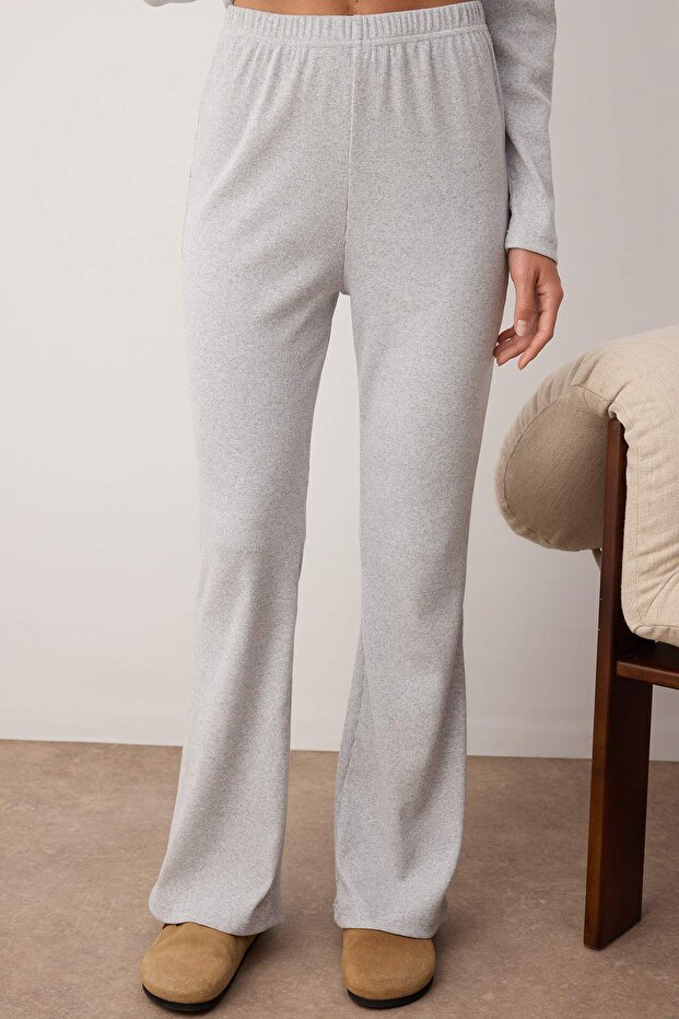 Gri Melanj Bağlama Detaylı Kruvaze Fitilli Kimono Örme Pijama Takımı THMAW26PT00003 - 3